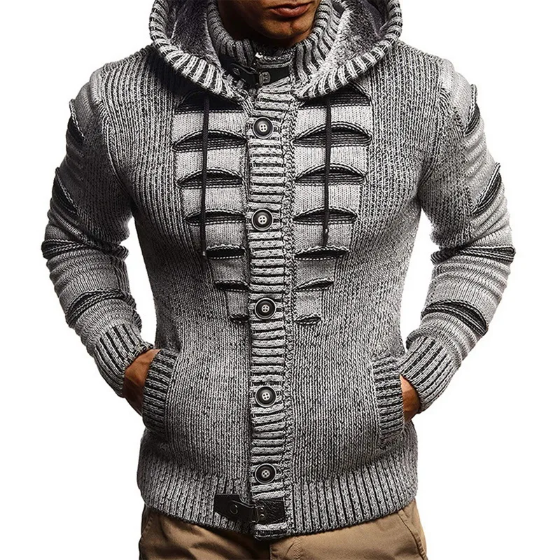 

Winter Men's Fashion Sweater Single-Breasted Hollow Design Jacquard Casual Long Sleeve Hooded Cardigan Slim Jacket