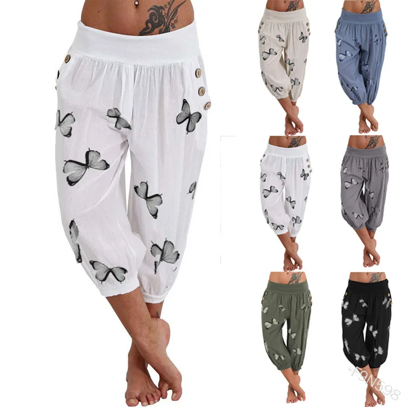 

Women Calf Length Bloomers Pants New Summer Women's Pants Shorts Floral Print Casual Jumpsuit Bloomers Cropped Pants