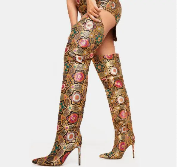 

New Sexy Woman Gold Embroidery Python Over The Knee Boots Lady Pointed Toe Flowers Zipper Thigh High Long Knight Boots Custom