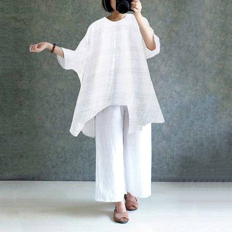 Винтажное женское платье большого размера свободное в клетку Длинная блузка с