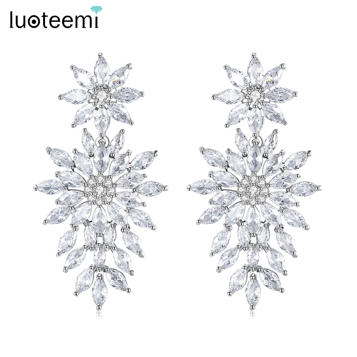 

LUOTEEMI Clear Marquise Cut Cluster Flower Zirconia Crystal Long Dangle Drop Earring Shiny Leaf Bridal Wedding Jewelry for Women