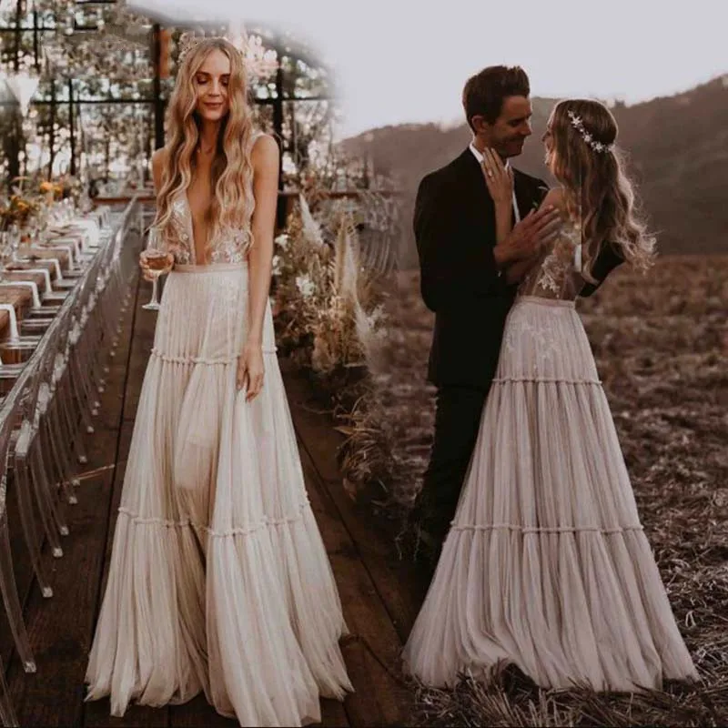 Boho Deep V-Neck Wedding Dresses Nude Champagne Ruffles Tulle Sleeveless Bridal Gowns A Line Sexy Country Style Robe De Mariee