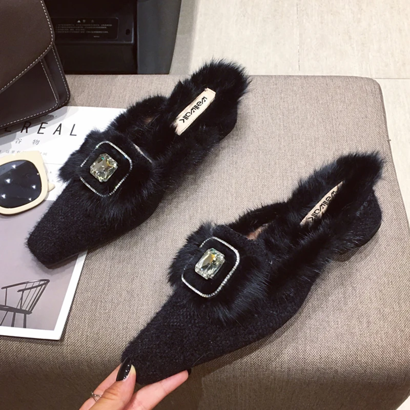 Pink Fur Shoes Women Heels Slippers Unicorn Rhinestone Decoration Female Winter Mules Block Heel Slides Plush Chic Gothic Style | Обувь