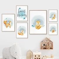 watercolor animal print fox nursery wall art canvas painting nordic posters and prints wall pictures baby kids cute room decor