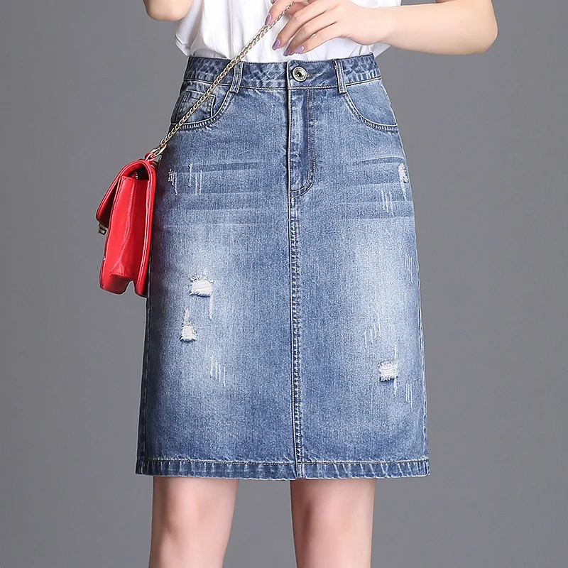 

2021Summer New High Waist Slim Stretch Simple Denim Skirt Plus Size Hole All-match Casual Women A-line Short Skirt Free Shipping