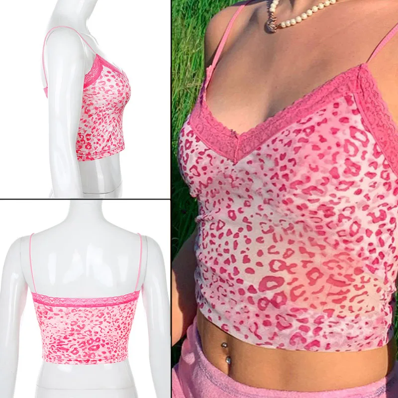 

E-girl Y2K Hot Pink Leopard Print V-neck Lace Camis Tops Sweet Fashion Spaghetti Strap Backless Women Summer Crop Tops