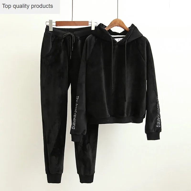 Casual Tracksuit Women 2020 New Winter Embroidery Letters Hooded Velvet Two Piece Set Crop Top &amp Pants Female LH1304 | Женская одежда