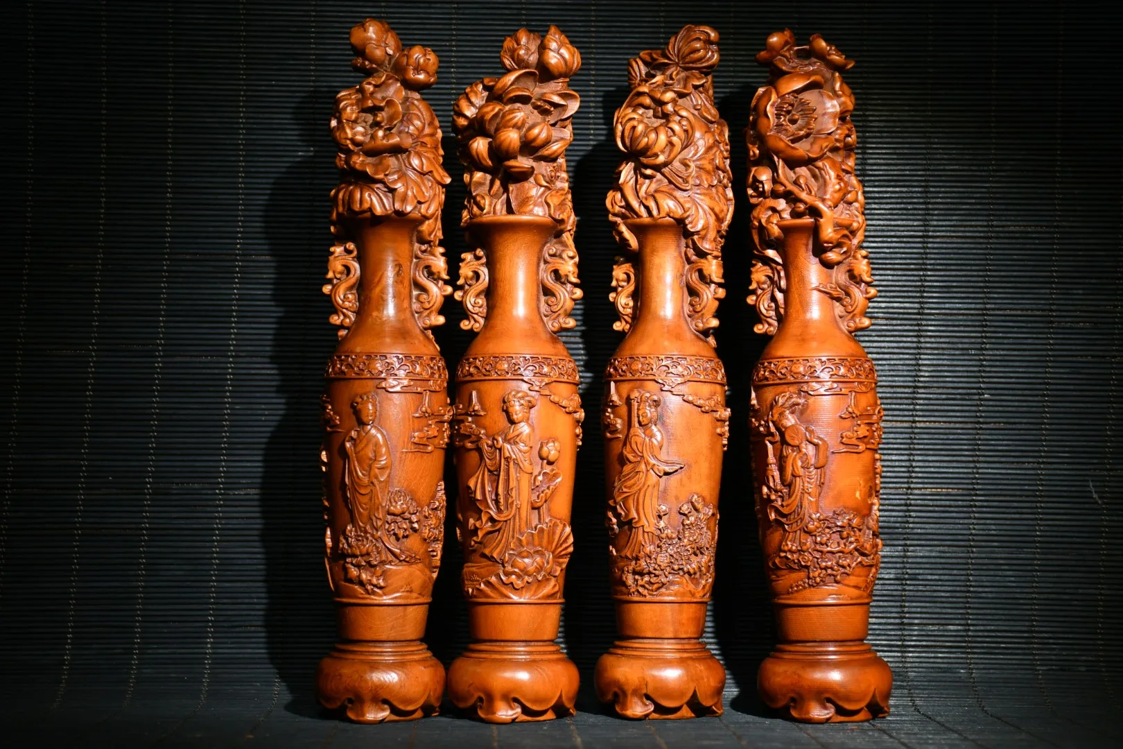 

8" China Lucky Old Boxwood Handmade statue Mei Ju Lan Zhu Four beauties Pattern vase set representative four Seasons Ornaments