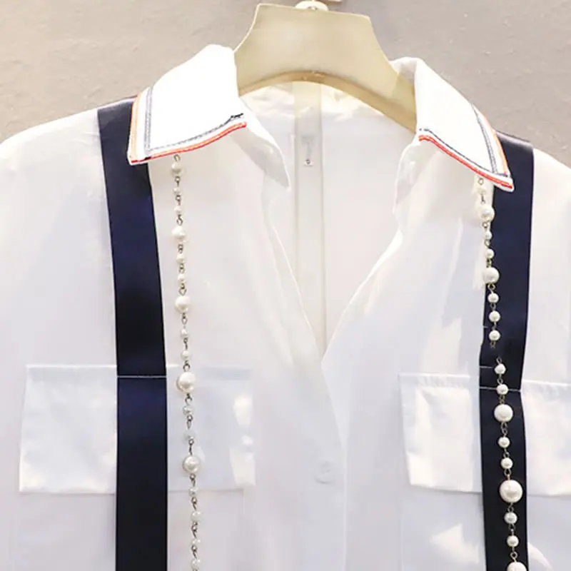 

XITAO Patchwork Draped Solid Dress Women 2021 Spring Casual Fashion Style Temperament All Match Turn Down Collar Blouse ZY3817