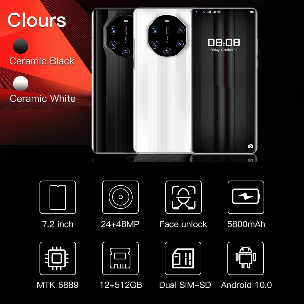 

Huawe Mate40 RS Global Smartphone 7.2" 5800mAh Rear Five Camera 48MP Snapgragon865 Cellphone 12GB+512GB Android10 Phone 4G5G LTE