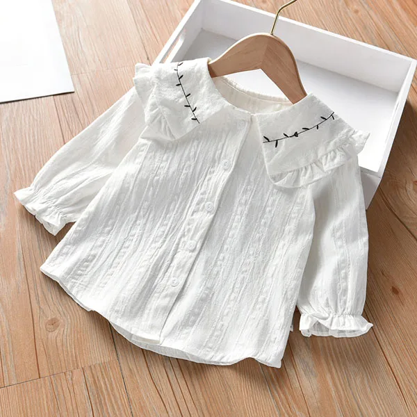 Белая блузка с длинным рукавом и кукольным воротником для девочек|Блузки