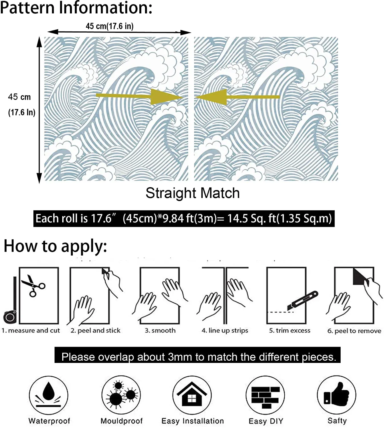 

LUCKYYJ Modern Waves Wallpaper Peel and Stick Removable Vinyl Wall Sticker for Room Decor Self Adhesive Film Shelf Drawer Liner