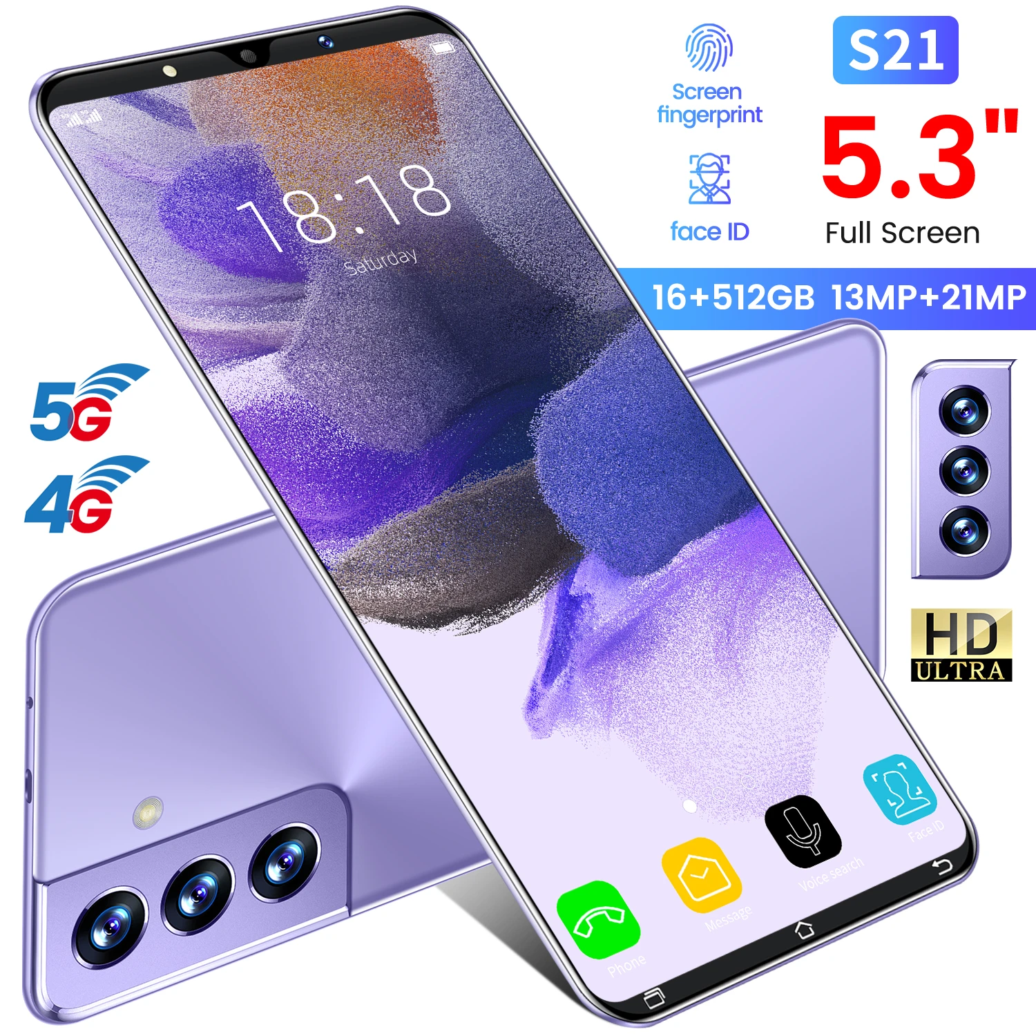 

S21 Smartphone 16+512GB 13+21MP 4950mAh Unlocked Mobilephone Telefone Celulares 5G Cellphone Android 10 5.3 HD Inch Phone