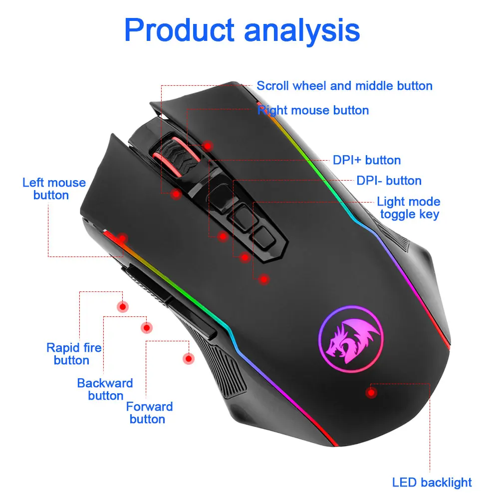 

Redragon Griffin M910-KS USB Wireless 2.4G Gaming Mouse 8000 DPI RGB Programmable Optics Mice For Computer Gamer PC
