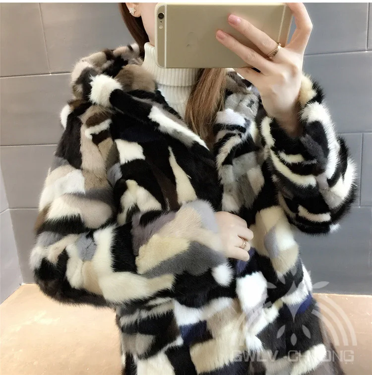 New Natural genuine real Mink Fur coat with hood Women Fashion All-match long multi-color colorfull jacket | Женская одежда