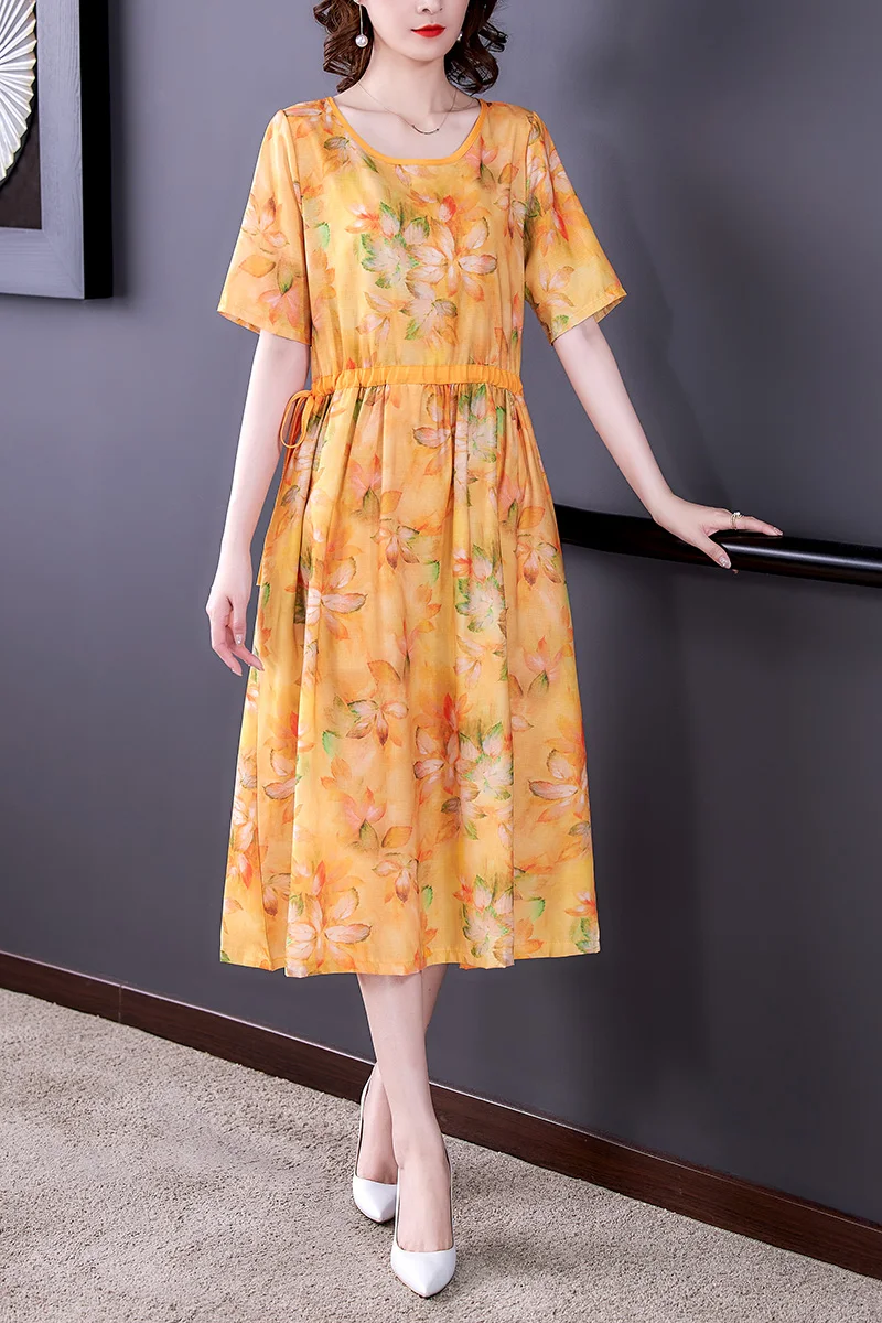 

COIGARSAM Vintage Print Women Long dress New Summer Loose Dresses Yellow 8620