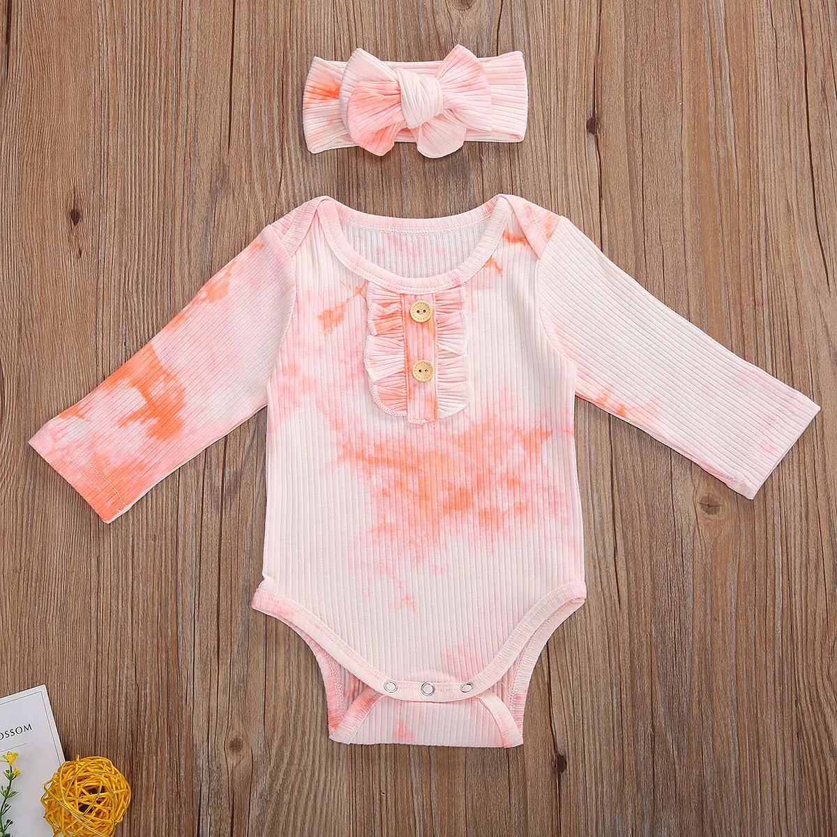 

2 Pcs Newborn Girl 0-24M Ribbed Outfits Infant Gradient / Monochrome Long Sleeve Ruffle Neckline Romper Bow Headband
