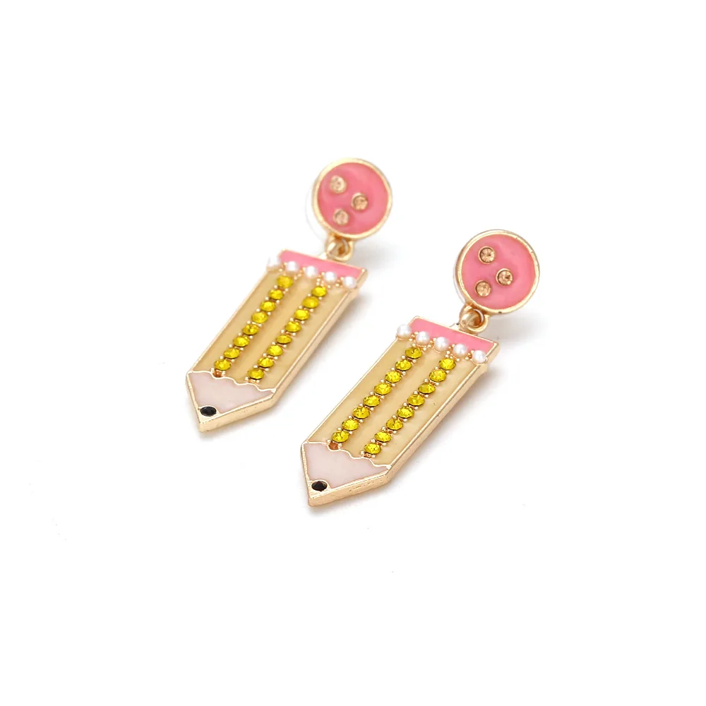 

Yellow & Pink Pencil Dangle Earrings / Gift for Teacher / Back to School Trend / Rhinestone Pave / School Supplies Earring JL39F
