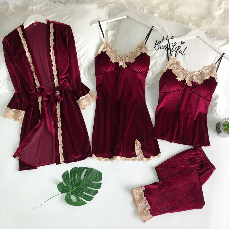 

Pleuche Pajamas Women Solid Velvet Cardigan Suits Camisole Pants 4pcs Pajamas Sets Sleep Lounge Pijama Pyjamas Homewear