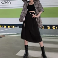 klalien fashion high waist black midi skirt women summer streetwear casual split hem asymmetric long skirt ladies 2021 new