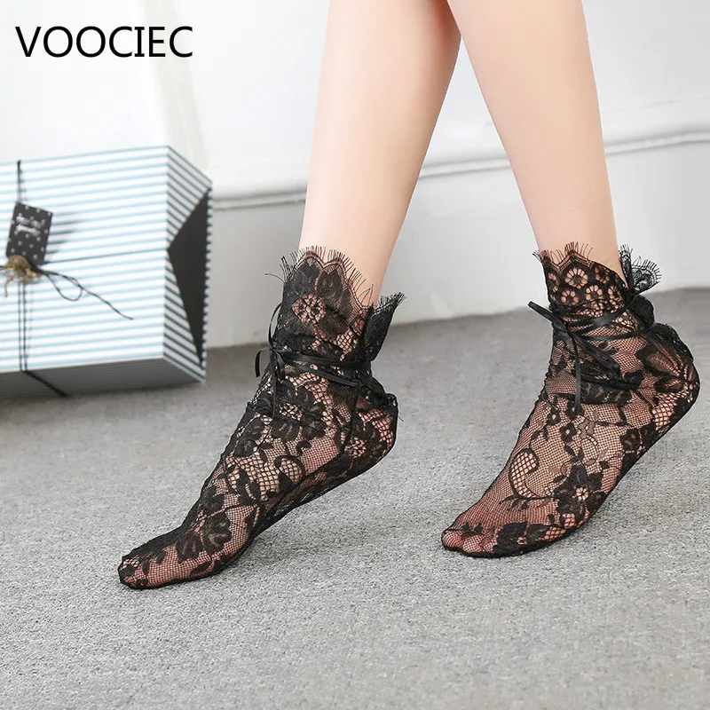 

VOOCIEC Womens Socks 2020 Summer Sexy Lace Floral Transparent Socks Women Mesh Lolita Socks Elastic Fashion Lady Short Socks