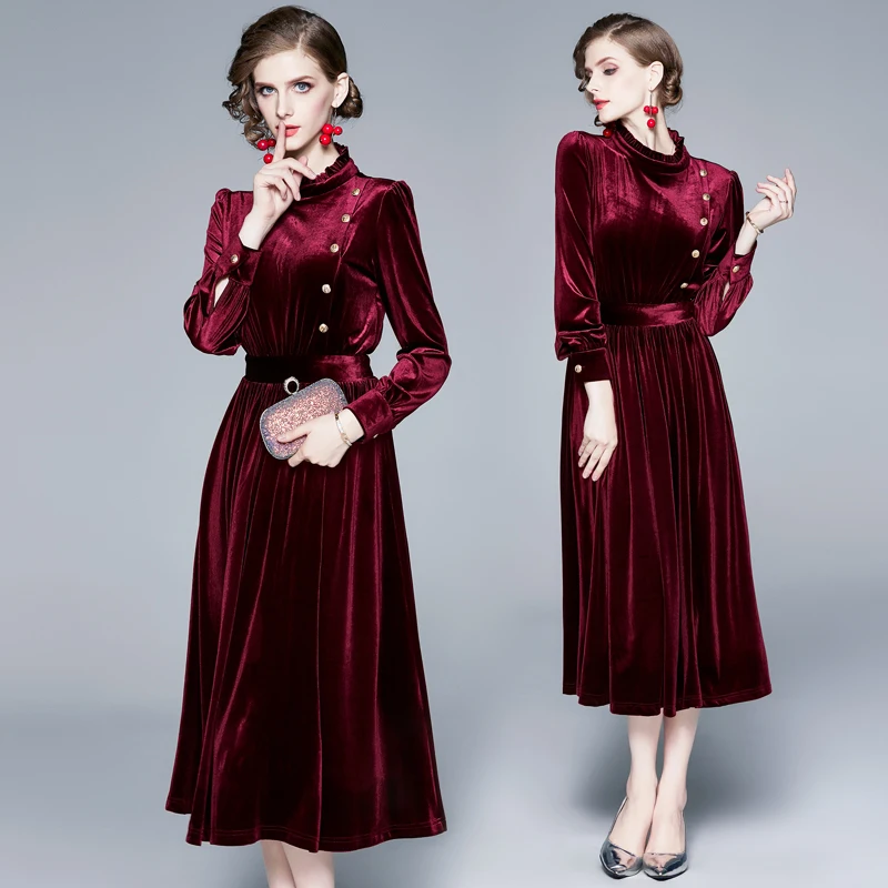 Винтажное бархатное платье миди DROWYD золотого цвета с воротником стойкой зима 2019