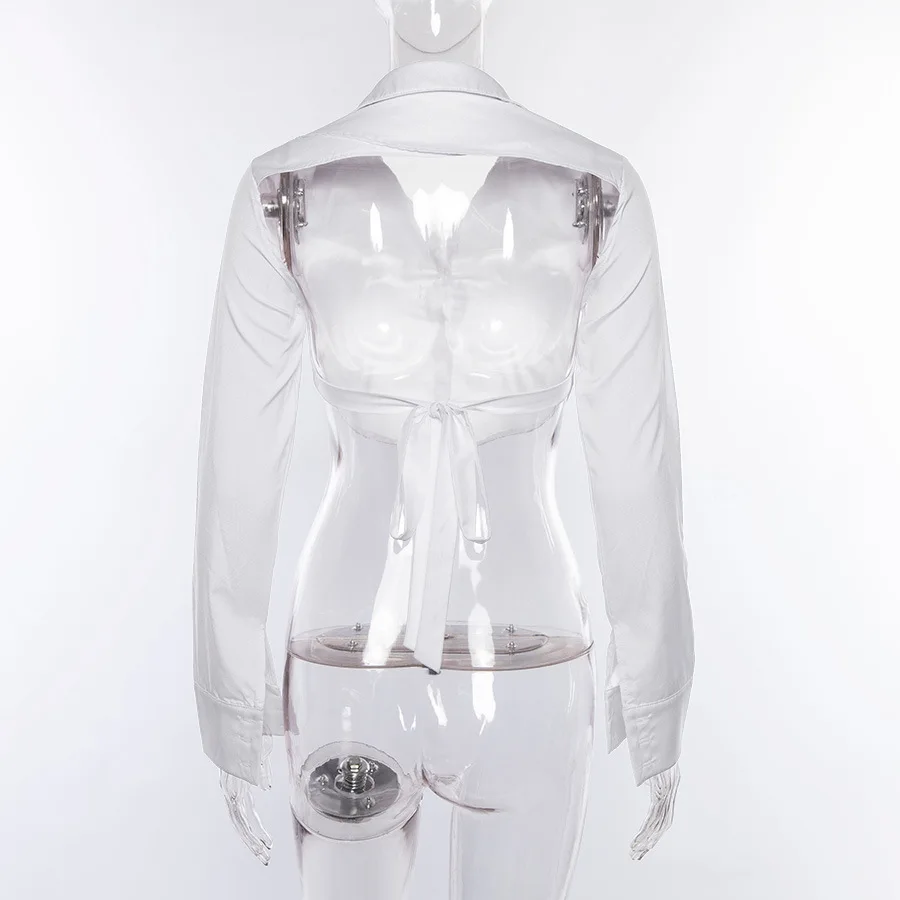 

Women's Sexy Turn Down Collar Long Sleeve Bandage Backless White Blouse Elegant Office Lady White Blouse Crop Top T Shirt Slim