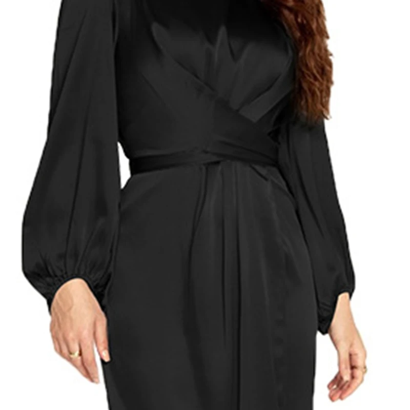 2021 Women Arab Muslim Satin Puff Long Sleeve Maxi Dress Solid Color Wrap Front Self-Tie Abaya Dubai Turkey Hijab Robe Kaftan