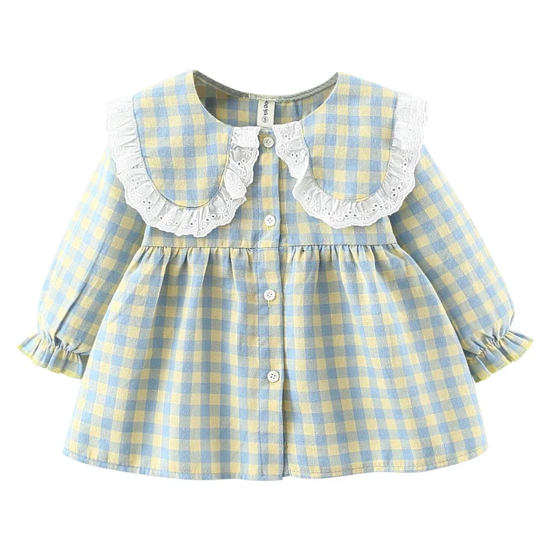 

Детская одежда, клетчатое платье для девочек, кружевное плиссированное платье принцессы с круглым воротником и манжетами, весна-осень, детс...