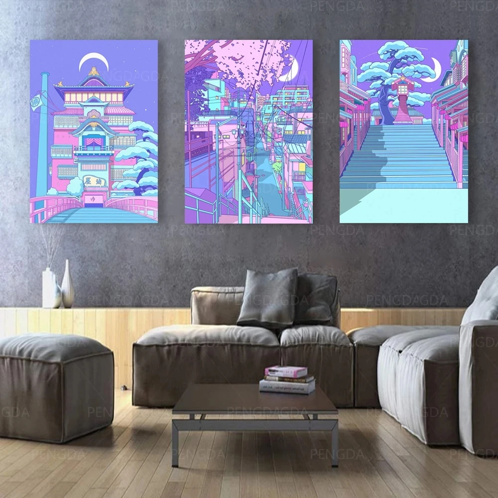 

Wall Art Cartoon House Street Canvas Print Painting Moon Car Modern Poster Living Room Modular Pictures Home Decor Frame Artwork