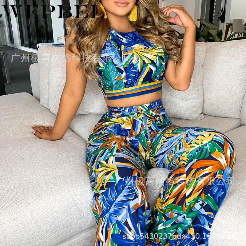 

Женский пикантный костюм WEPBEL с принтом, Осенний короткий топ без рукавов с круглым вырезом + широкие брюки со шнуровкой