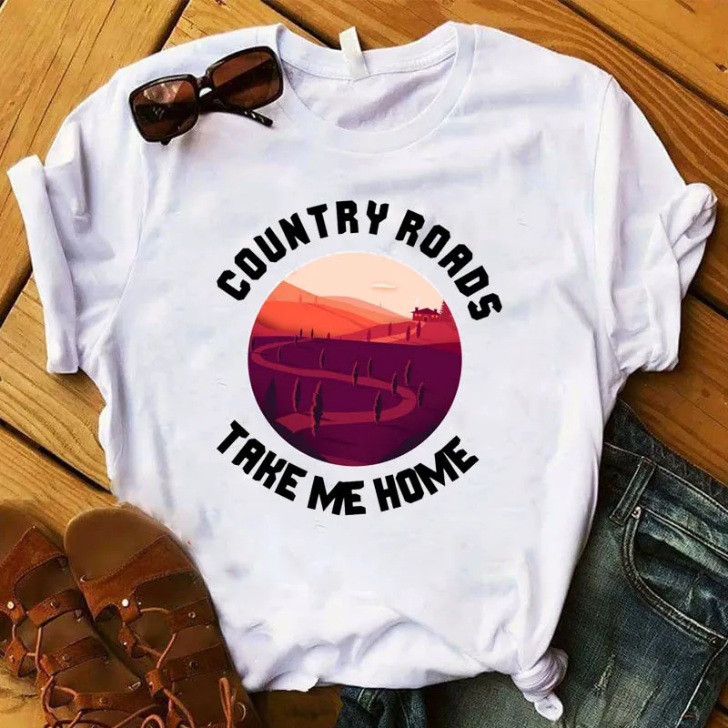 Женские футболки проселочная дорога забери меня домой с буквенным принтом