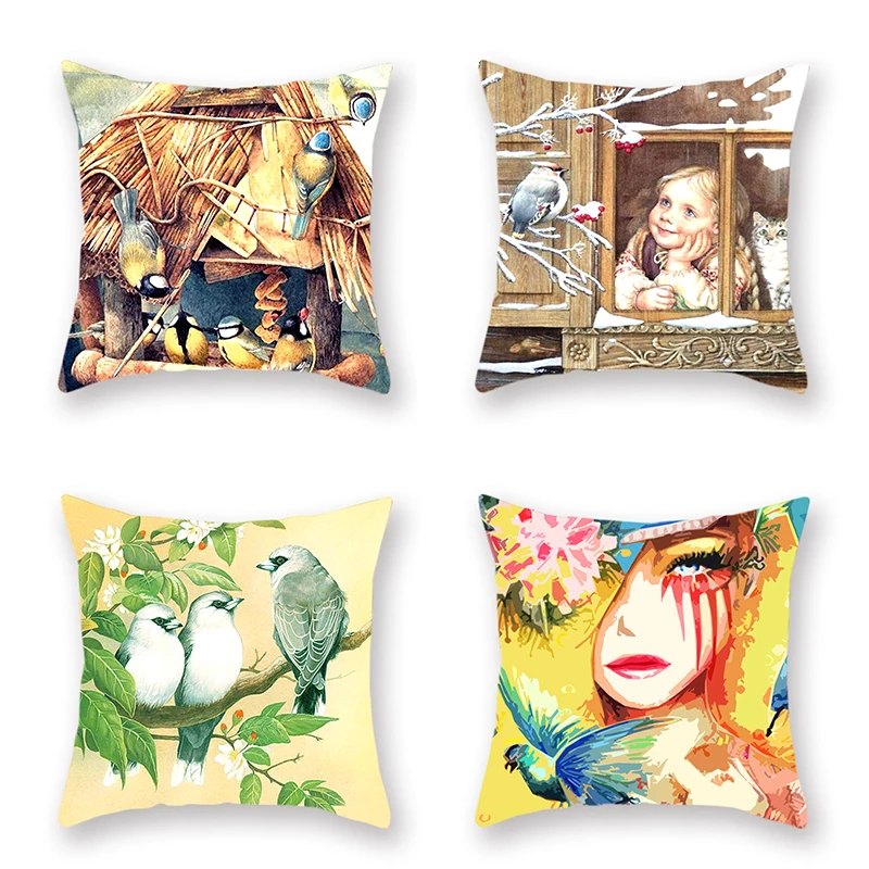 4 шт. наволочка для подушки льняные или полиэфирные цветы птицы красота Печать