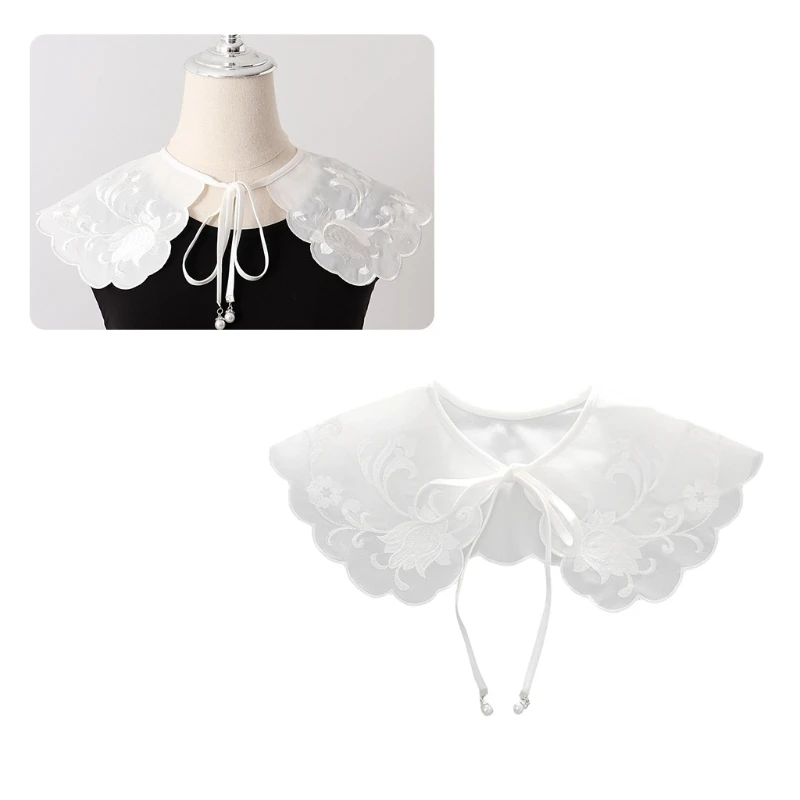 

Women Embroidery Floral Fake Collar Shawl Wrap Pearl Bowknot Necklace Half Shirt