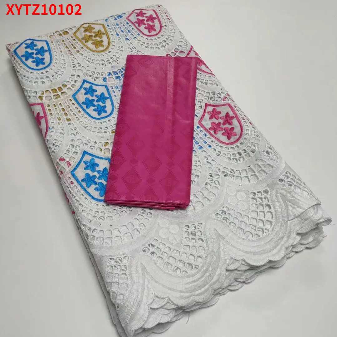 

Fashion French Embroidery Guipure Cord Cotton Lace 2.5yds and Single color Jacquard bazin Fabric For Wedding Party XYTZ10102