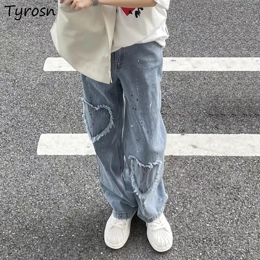 

Blue High Waist Jeans Women Painted Love Patch Designs Wide Leg Mopping Trouser Streetwear Korean Fashion Sweet Baggy Jean Woman