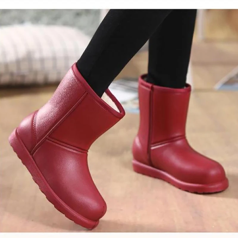Winter Warm Waterproof Women Fur Boots High Heel Fashion Solid Ladies Rain Platform Shoes EVA Girls Ankle Snow Boots Black