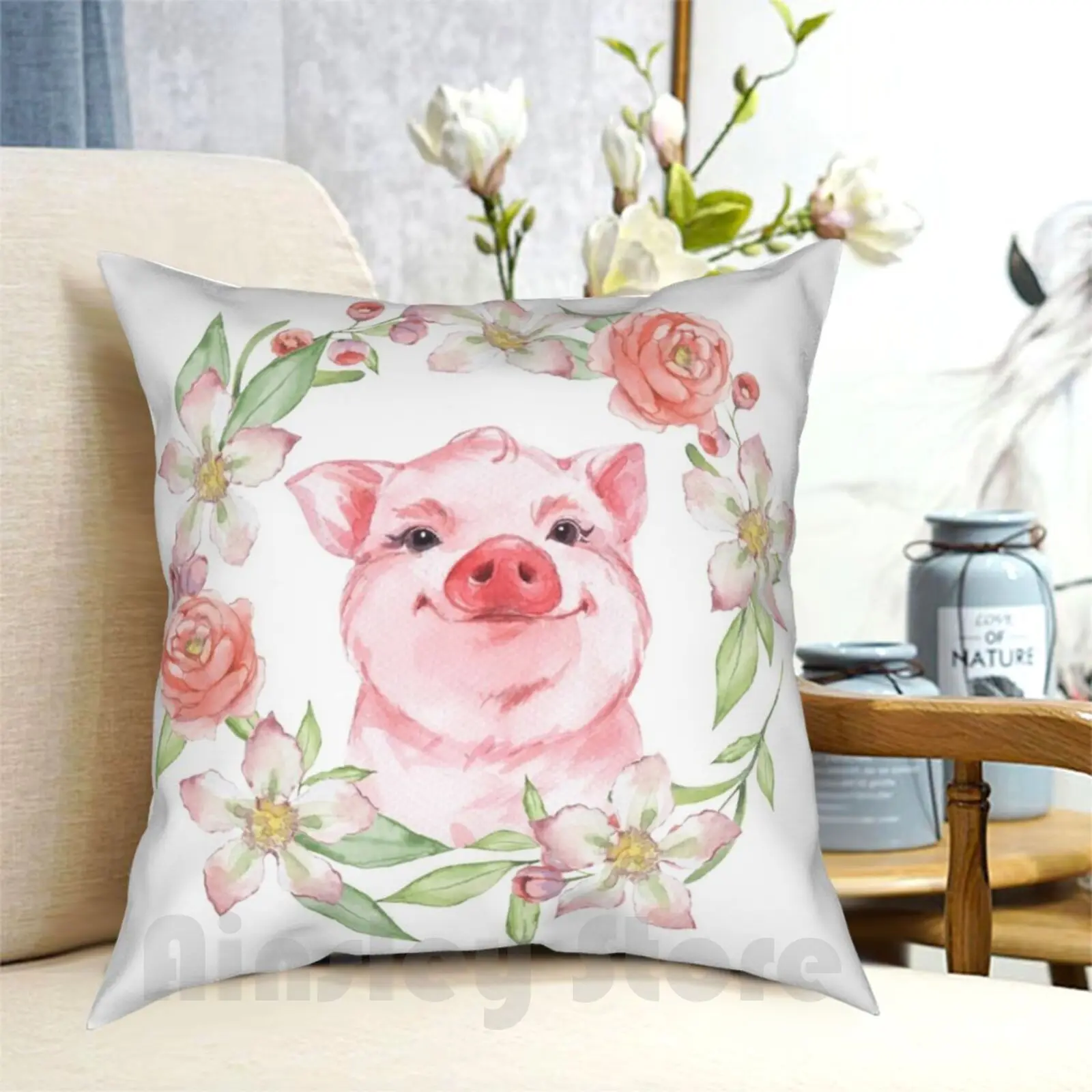 

Чехол-наволочка с изображением свиньи и цветов для детской подушки
