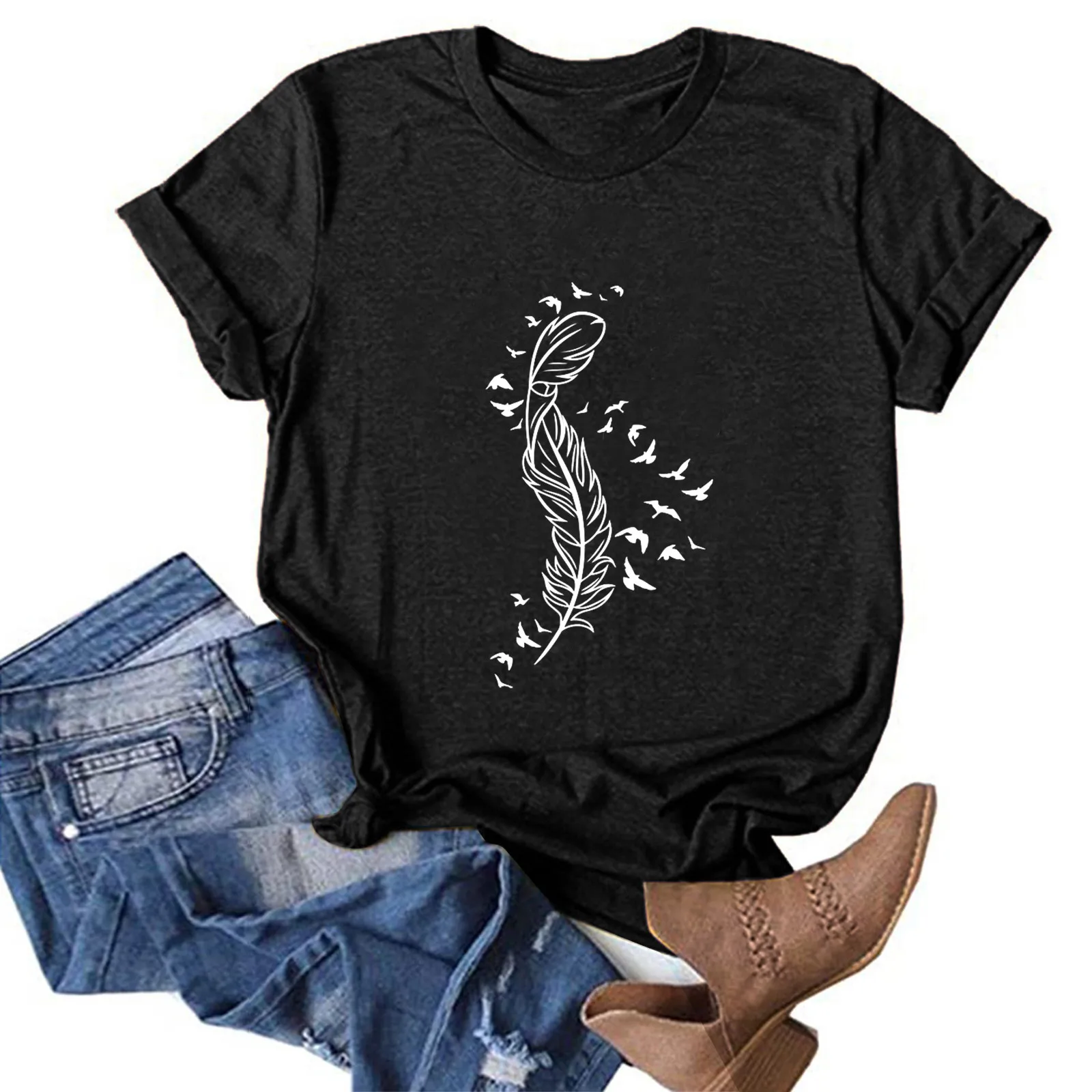 

Fashion Feather Print Tee Shirts For Women Casual Loose O-Neck Female Pullover Tunic Tops 2021 Short Sleeve Tee Shirt Blouse
