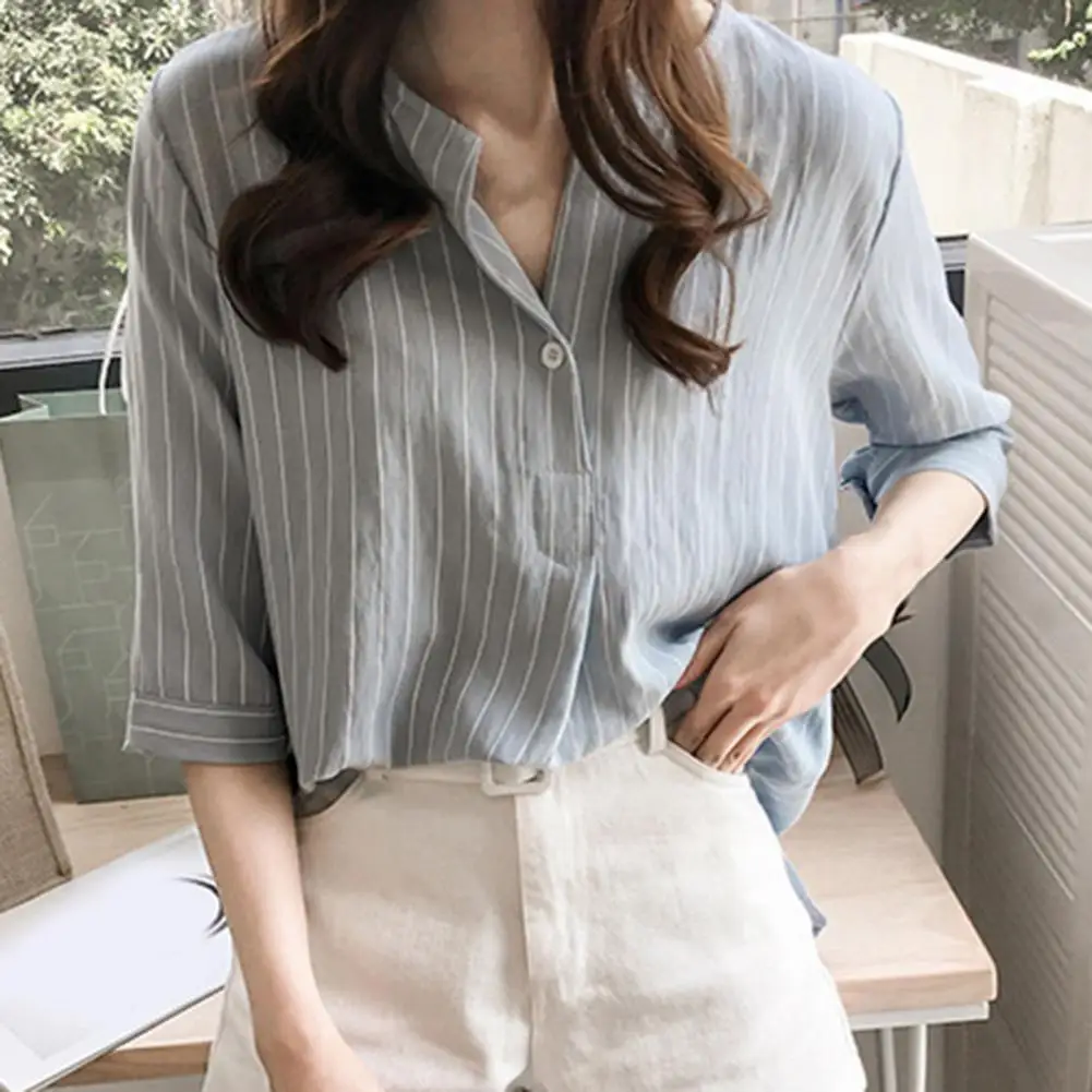 

Женская рубашка в полоску, свободная блузка с рукавом 2021 и круглым вырезом, лето 3/4