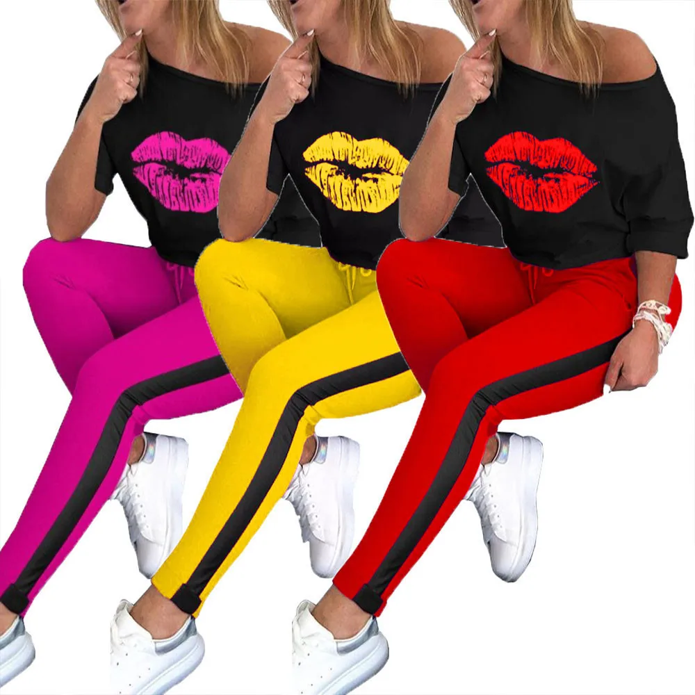 

Casual Tracksuit Women Two Piece Set Top and Pants Sweat Suits Lip Print Lounge Wear Jogging Femme Matching Sets Ensemble Femme