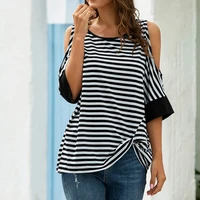 summer hollow half sleeve striped t shirt women o neck off shoulder pullover tops plus size casual streetwear ladies tee shirt