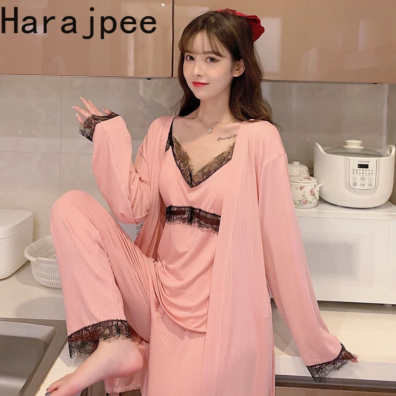

Harajpee Pajama 2021 New Cotton Sexy Temperament Suspender Nightgown Three Piece Set of Spring and Autumn Thin Home Clothes