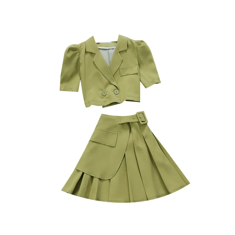 

2021 summer new female Notched double breasted blazer + simple high waist pleating A-line skirt slim two-piece sets women suits