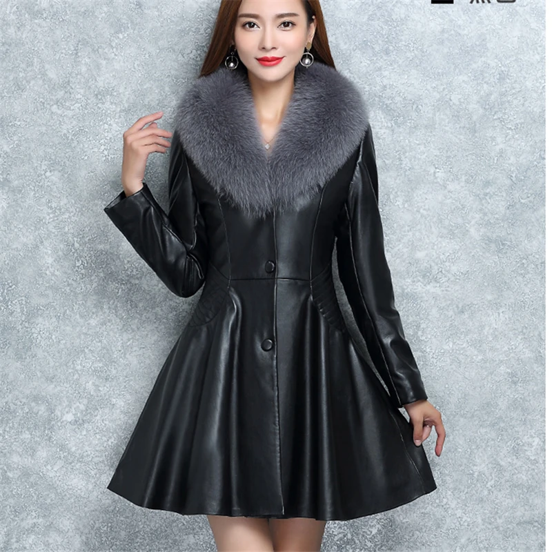 Куртка женская из искусственной кожи на осень и зиму с воротником искусственного