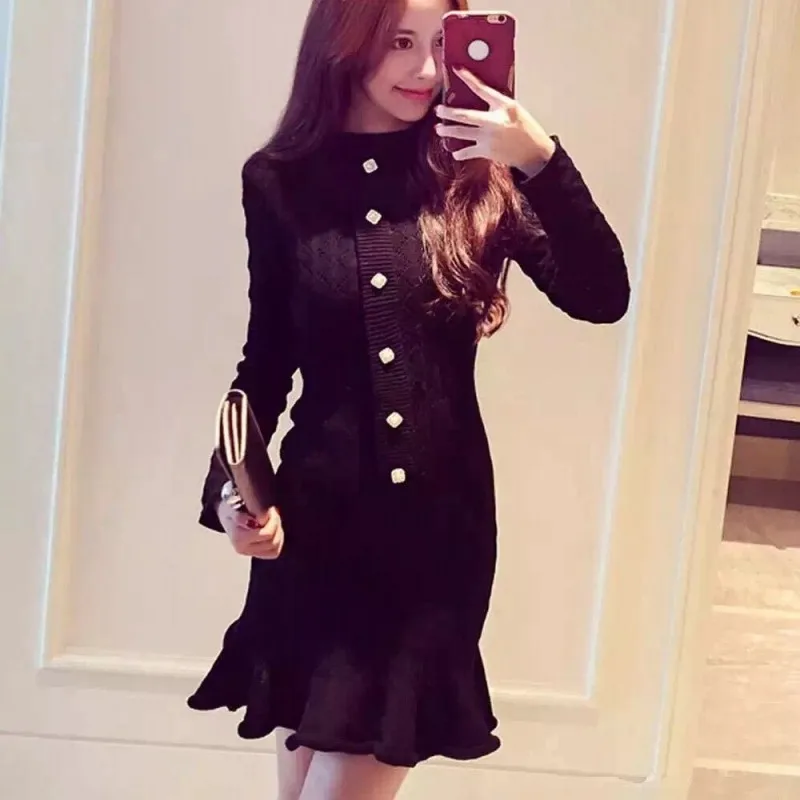 Весенне осеннее офисное женское Облегающее вязаное мини платье с жемчугом и