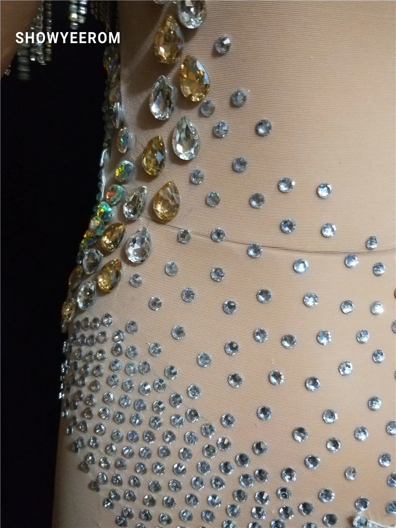 Women Rhinestones Fringes Dress Stage Wear Transparent elastic mesh Singer Evening Performance Tassel dress short | Тематическая
