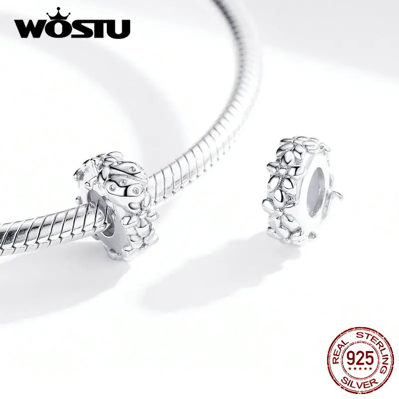 WOSTU 925 пробы Серебряный цветок Божья коровка силиконовые пробки Бусины разделитель Шарм Подходит браслет кулон ювелирные украшения CTC112