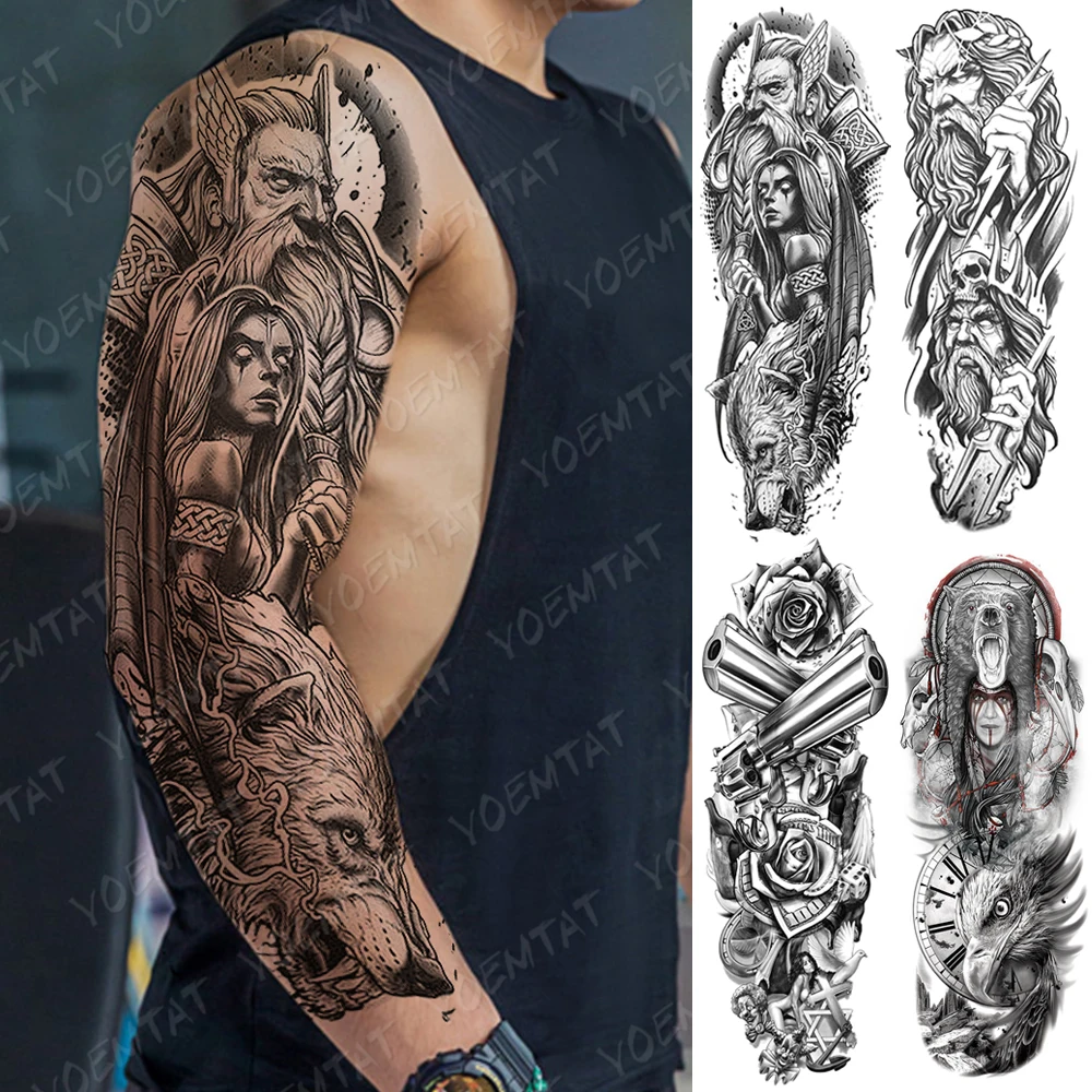 

Large Arm Sleeve Tattoo Bear Skull Waterproof Temporary Tatto Sticker God Zeus Poseidon Body Art Full Fake Tatoo Women Men