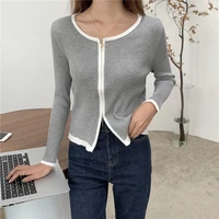 2021 women stretch cardigan sweater fashion sexy slim fit single breasted knit ladies sweater solid long sleeve crop tops female